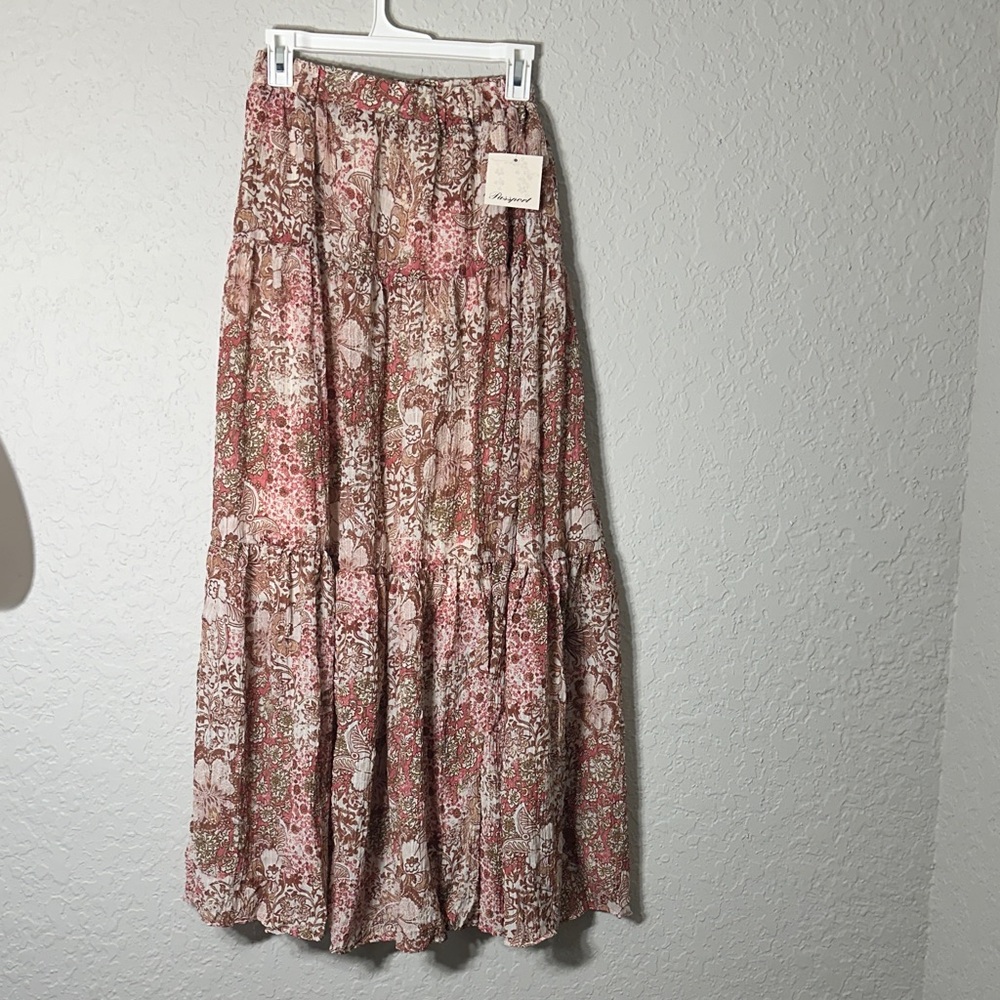 Passport Boho Tiered Maxi Skirt - Pink & Brown Floral